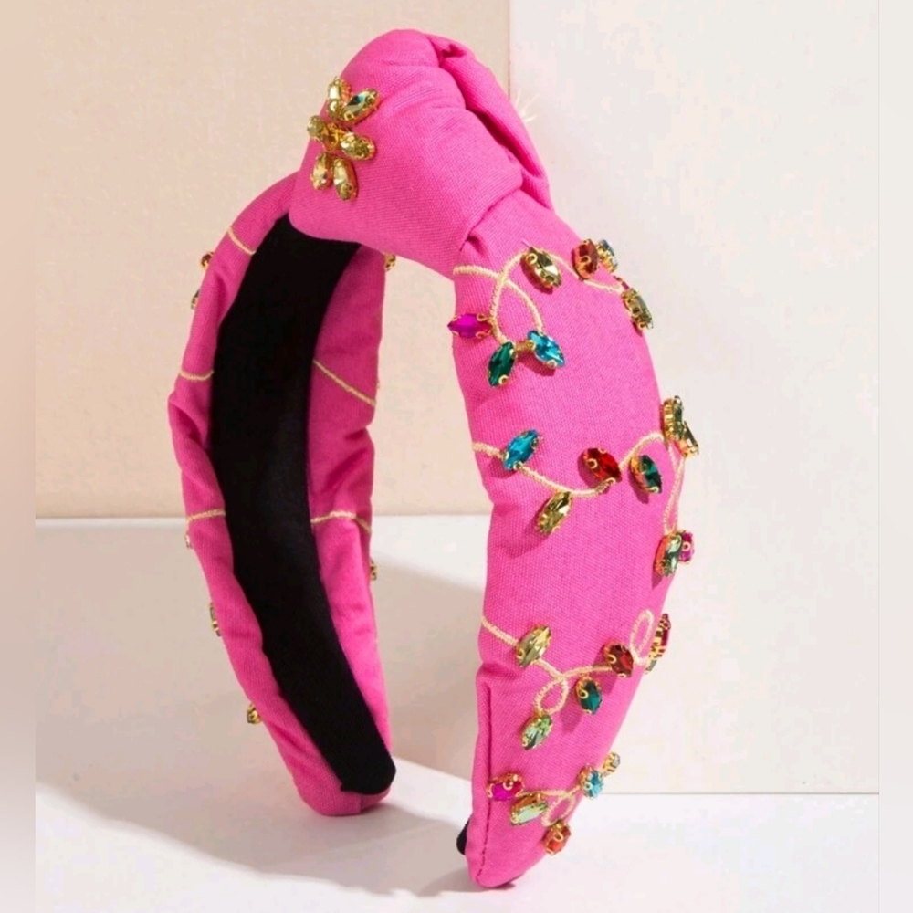 Pink knotted headband embroidered with stones with Christmas lights motif